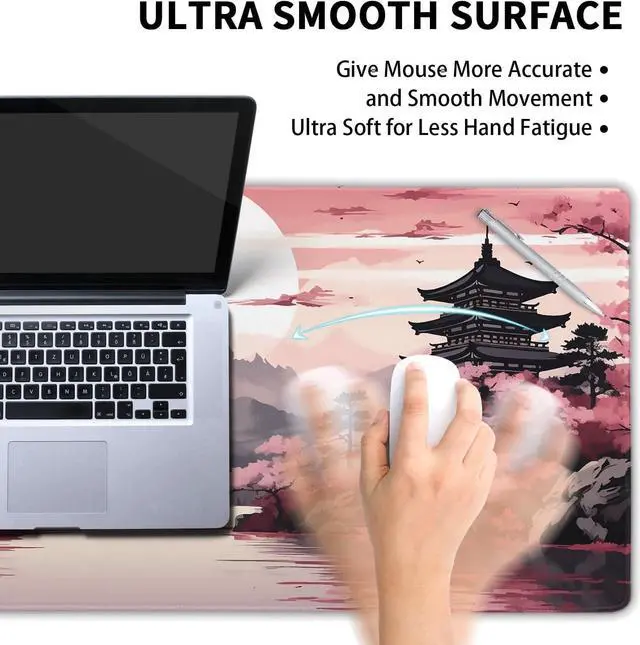 Alt view image 4 of 7 - Pink Japanese Sakura Gaming Mouse Pad XL Cherry Blossom Tower Mountain Landscape Extended Large Desk Mat Big Mousepad Non-Slip Rubber Base Stitched Edge Long Desk Pad for Computer Gamer 31.511.8 in