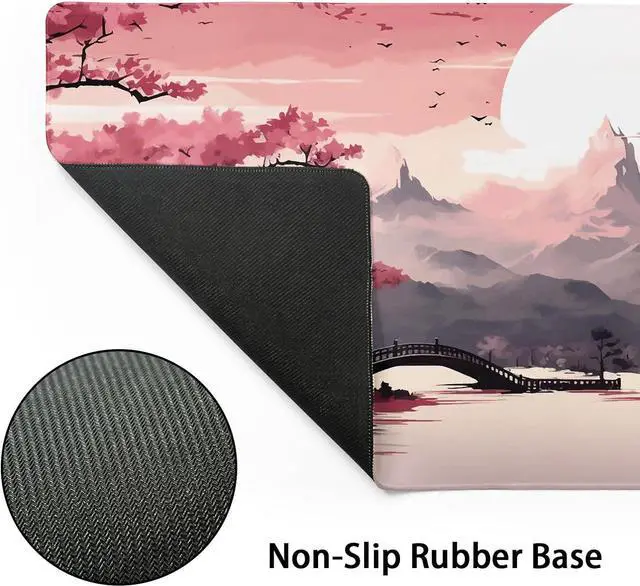 Alt view image 3 of 7 - Pink Japanese Sakura Gaming Mouse Pad XL Cherry Blossom Tower Mountain Landscape Extended Large Desk Mat Big Mousepad Non-Slip Rubber Base Stitched Edge Long Desk Pad for Computer Gamer 31.511.8 in