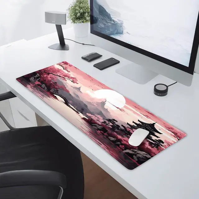 Alt view image 5 of 7 - Pink Japanese Sakura Gaming Mouse Pad XL Cherry Blossom Tower Mountain Landscape Extended Large Desk Mat Big Mousepad Non-Slip Rubber Base Stitched Edge Long Desk Pad for Computer Gamer 31.511.8 in