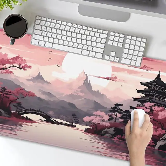 Alt view image 7 of 7 - Pink Japanese Sakura Gaming Mouse Pad XL Cherry Blossom Tower Mountain Landscape Extended Large Desk Mat Big Mousepad Non-Slip Rubber Base Stitched Edge Long Desk Pad for Computer Gamer 31.511.8 in