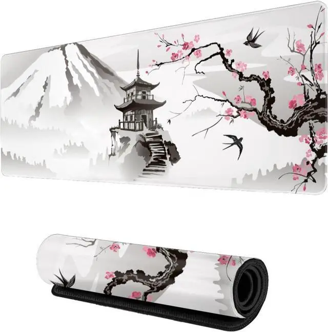 Main image of Japanese Cherry Blossom White Gaming Mouse Pad XL Extended Large Mouse Mat Desk Pad Stitched Edges Mousepad Long Nonslip Rubber Base Mice Pad 31.5 X 11.8 Inch