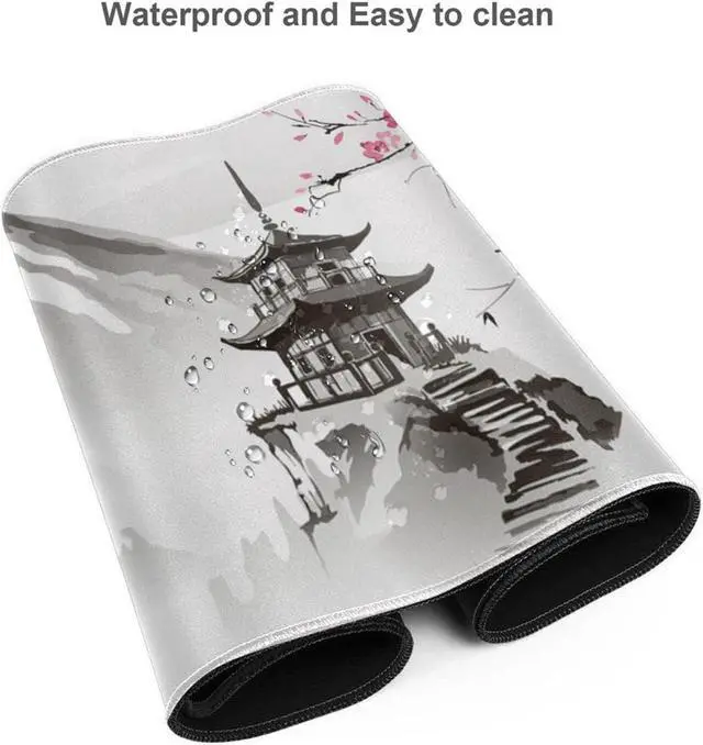 Alt view image 3 of 6 - Japanese Cherry Blossom White Gaming Mouse Pad XL Extended Large Mouse Mat Desk Pad Stitched Edges Mousepad Long Nonslip Rubber Base Mice Pad 31.5 X 11.8 Inch
