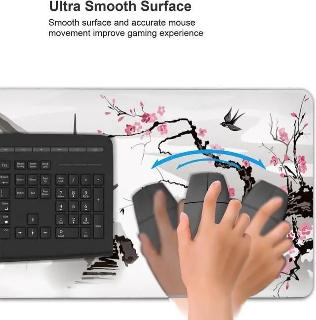 Alt view image 4 of 6 - Japanese Cherry Blossom White Gaming Mouse Pad XL Extended Large Mouse Mat Desk Pad Stitched Edges Mousepad Long Nonslip Rubber Base Mice Pad 31.5 X 11.8 Inch