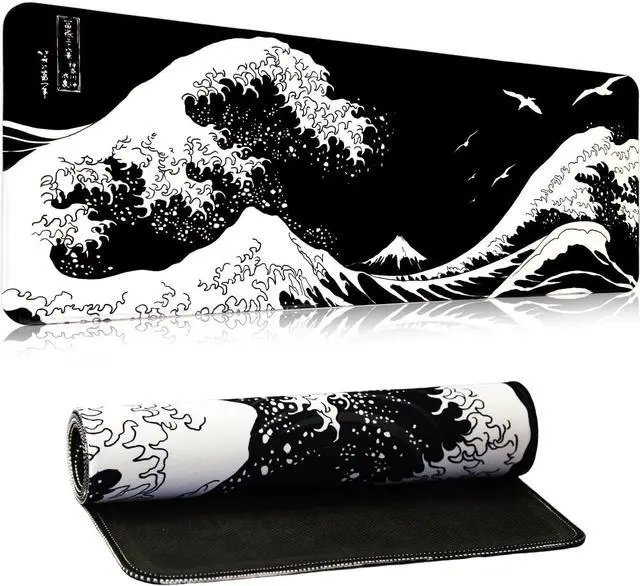 Main image of Black Large Mouse Pad Japanese Sea Wave Anime Gaming Mouse Pad Extended Kanagawa Non-Slip Rubber Base Mouse Mat 31.5 X 11.8 Inch Stitched Edges Keyboard Mice Pad Desk Pad
