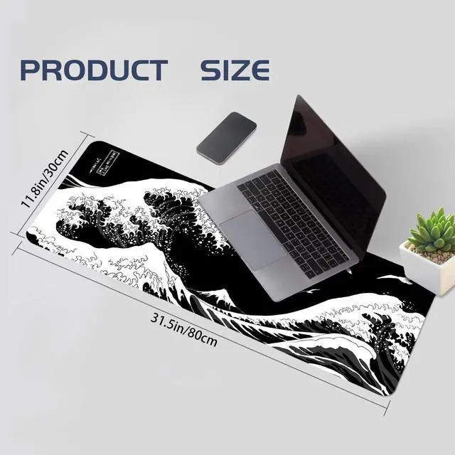 Alt view image 2 of 6 - Black Large Mouse Pad Japanese Sea Wave Anime Gaming Mouse Pad Extended Kanagawa Non-Slip Rubber Base Mouse Mat 31.5 X 11.8 Inch Stitched Edges Keyboard Mice Pad Desk Pad