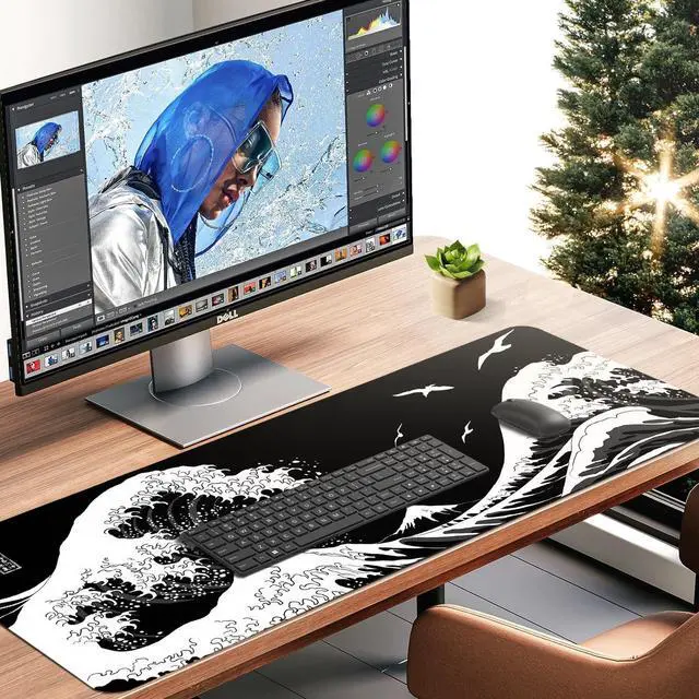 Alt view image 5 of 6 - Black Large Mouse Pad Japanese Sea Wave Anime Gaming Mouse Pad Extended Kanagawa Non-Slip Rubber Base Mouse Mat 31.5 X 11.8 Inch Stitched Edges Keyboard Mice Pad Desk Pad