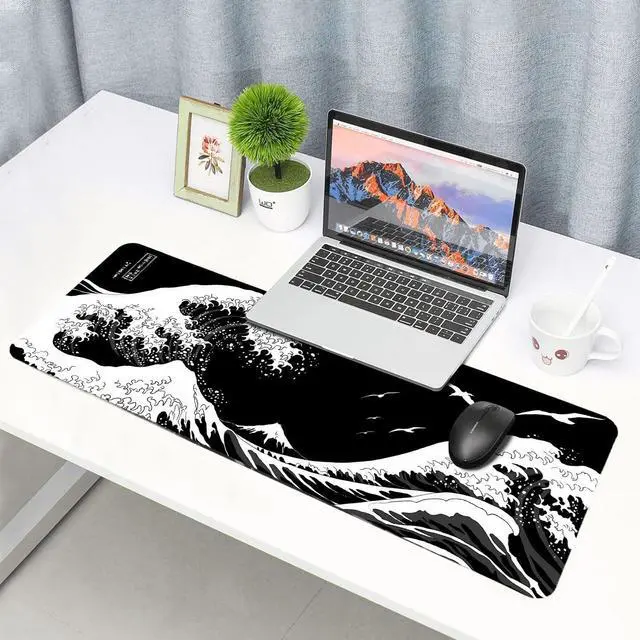 Alt view image 6 of 6 - Black Large Mouse Pad Japanese Sea Wave Anime Gaming Mouse Pad Extended Kanagawa Non-Slip Rubber Base Mouse Mat 31.5 X 11.8 Inch Stitched Edges Keyboard Mice Pad Desk Pad