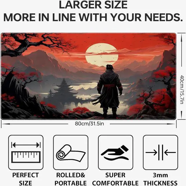 Alt view image 2 of 7 - Japanese Samurai Gaming Mouse Pad Anime Mouse Pad Gaming 31.5 x 15.7 in Mouse Mat Desk Pad Large Desk Mat Extended Keyboard Pad Mousepad with Non-Slip Base and Stitched Edge for Office Home Gaming