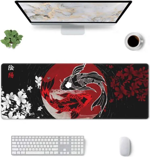 Alt view image 2 of 7 - Japan Japanese Yin and Yang Koi Fish Black and Red Mouse Pad XL Extended Mouse Mat Non Slip Rubber Base Stitched Edge Gaming Pc Large Mice Pad 31.5 X 11.8 Inch
