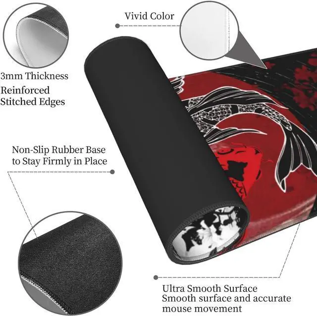 Alt view image 4 of 7 - Japan Japanese Yin and Yang Koi Fish Black and Red Mouse Pad XL Extended Mouse Mat Non Slip Rubber Base Stitched Edge Gaming Pc Large Mice Pad 31.5 X 11.8 Inch