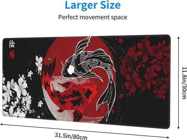 Alt view image 5 of 7 - Japan Japanese Yin and Yang Koi Fish Black and Red Mouse Pad XL Extended Mouse Mat Non Slip Rubber Base Stitched Edge Gaming Pc Large Mice Pad 31.5 X 11.8 Inch