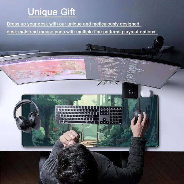 Alt view image 2 of 7 - Japanese Green Forest Gaming Mouse Pad Anime Tree Woodland Desk Mat XL Large Cute Aesthetics Women Office Desk Decor Laptop Computer Keyboard and Mouse Mat with Stitched Edges Matt 31.5x11.8