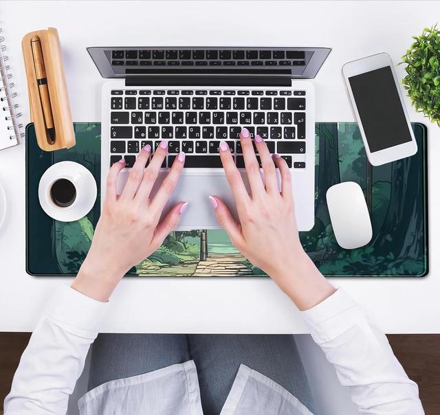 Alt view image 5 of 7 - Japanese Green Forest Gaming Mouse Pad Anime Tree Woodland Desk Mat XL Large Cute Aesthetics Women Office Desk Decor Laptop Computer Keyboard and Mouse Mat with Stitched Edges Matt 31.5x11.8