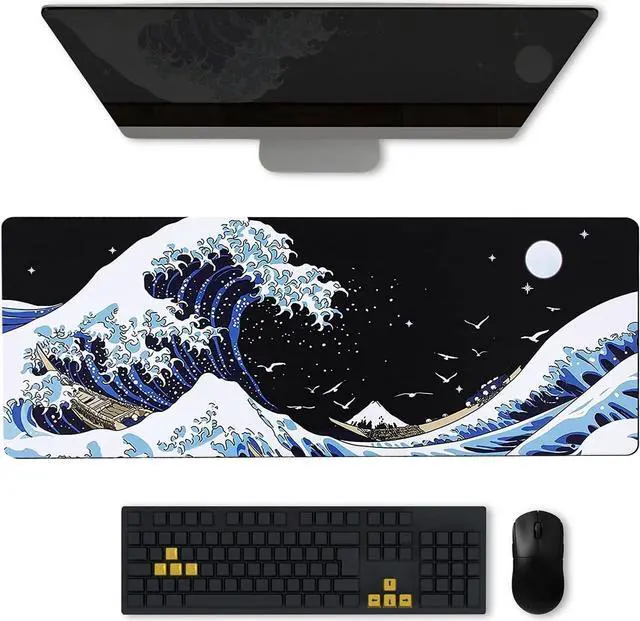 Alt view image 2 of 7 - Gaming Mouse Pad with Japanese Sea Wave Extended Large Cool Anime Mousepad for Desk 31.5 x 11.8 in Non-Slip Base Stitched Edges for Gaming and Office Work (Blue)