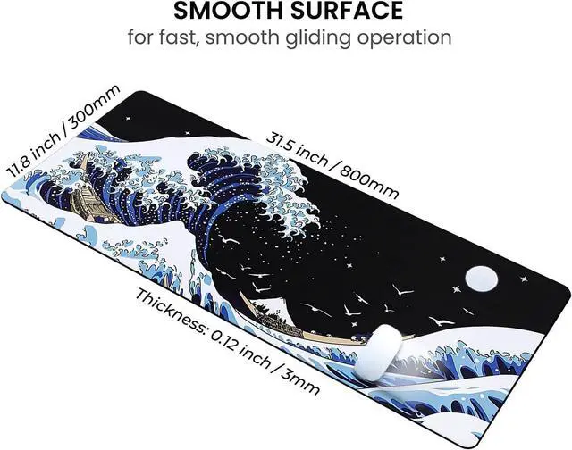 Alt view image 3 of 7 - Gaming Mouse Pad with Japanese Sea Wave Extended Large Cool Anime Mousepad for Desk 31.5 x 11.8 in Non-Slip Base Stitched Edges for Gaming and Office Work (Blue)