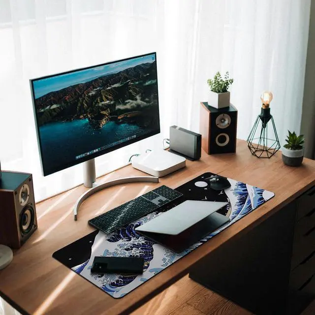 Alt view image 6 of 7 - Gaming Mouse Pad with Japanese Sea Wave Extended Large Cool Anime Mousepad for Desk 31.5 x 11.8 in Non-Slip Base Stitched Edges for Gaming and Office Work (Blue)