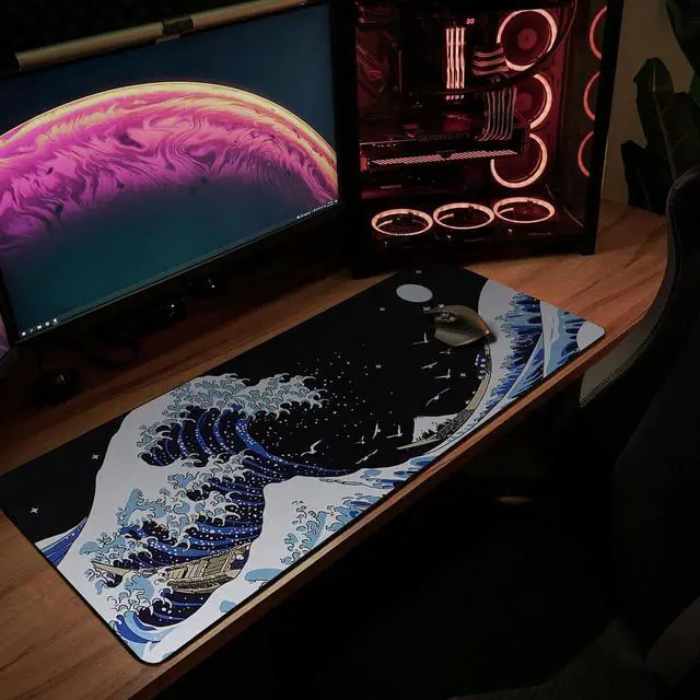 Alt view image 7 of 7 - Gaming Mouse Pad with Japanese Sea Wave Extended Large Cool Anime Mousepad for Desk 31.5 x 11.8 in Non-Slip Base Stitched Edges for Gaming and Office Work (Blue)