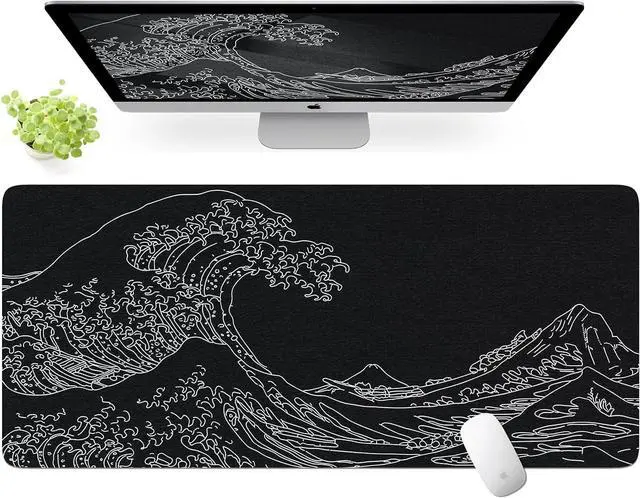 Main image of Felt Desk Mat Japanese Sea Wave Large Mouse Pad No Bad Smell Felt Mouse Pad with Stitched Edges 3mm Thick 35.4x15.7 inch Felt Desk Pad Mat Black Mouse Pad for Gaming Work Black
