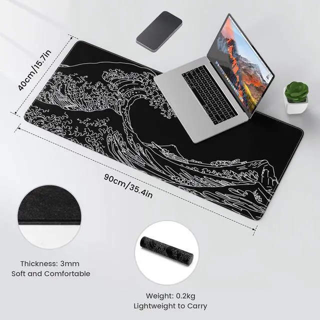 Alt view image 3 of 7 - Felt Desk Mat Japanese Sea Wave Large Mouse Pad No Bad Smell Felt Mouse Pad with Stitched Edges 3mm Thick 35.4x15.7 inch Felt Desk Pad Mat Black Mouse Pad for Gaming Work Black