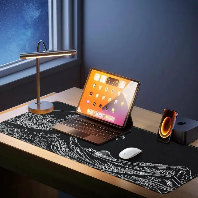 Alt view image 7 of 7 - Felt Desk Mat Japanese Sea Wave Large Mouse Pad No Bad Smell Felt Mouse Pad with Stitched Edges 3mm Thick 35.4x15.7 inch Felt Desk Pad Mat Black Mouse Pad for Gaming Work Black