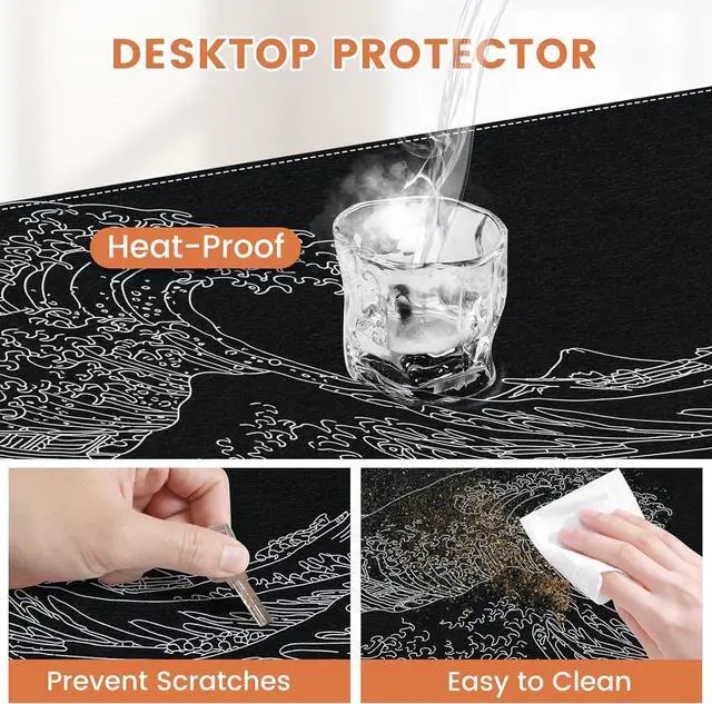 Alt view image 4 of 7 - Felt Desk Mat Japanese Sea Wave Large Mouse Pad No Bad Smell Felt Mouse Pad with Stitched Edges 3mm Thick 35.4x15.7 inch Felt Desk Pad Mat Black Mouse Pad for Gaming Work Black