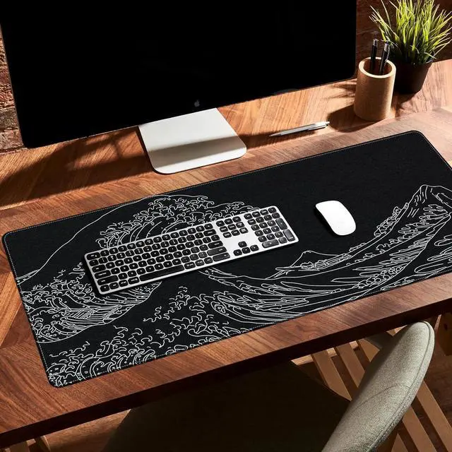 Alt view image 6 of 7 - Felt Desk Mat Japanese Sea Wave Large Mouse Pad No Bad Smell Felt Mouse Pad with Stitched Edges 3mm Thick 35.4x15.7 inch Felt Desk Pad Mat Black Mouse Pad for Gaming Work Black