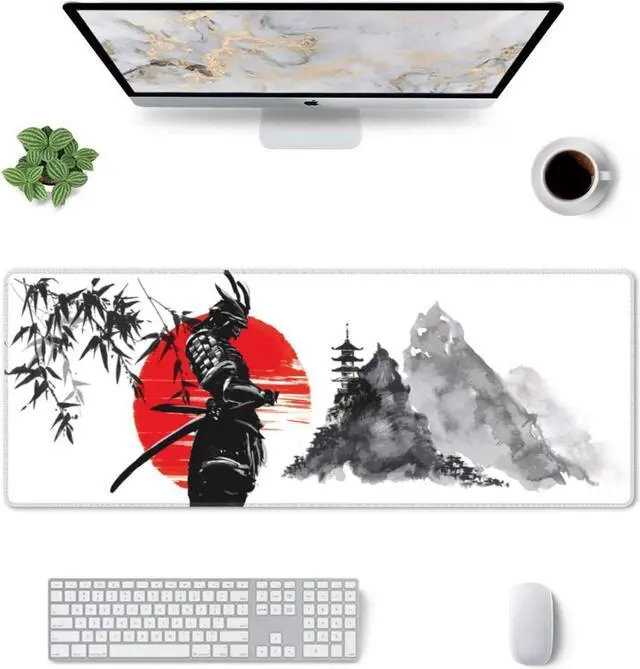 Alt view image 3 of 7 - Watercolor Japanese Samurai Bushido Gaming Mouse Pad XL Non Slip Rubber Base Mousepad Stitched Edges Desk Pad Extended Large Mice Pad 31.5 X 11.8 Inch