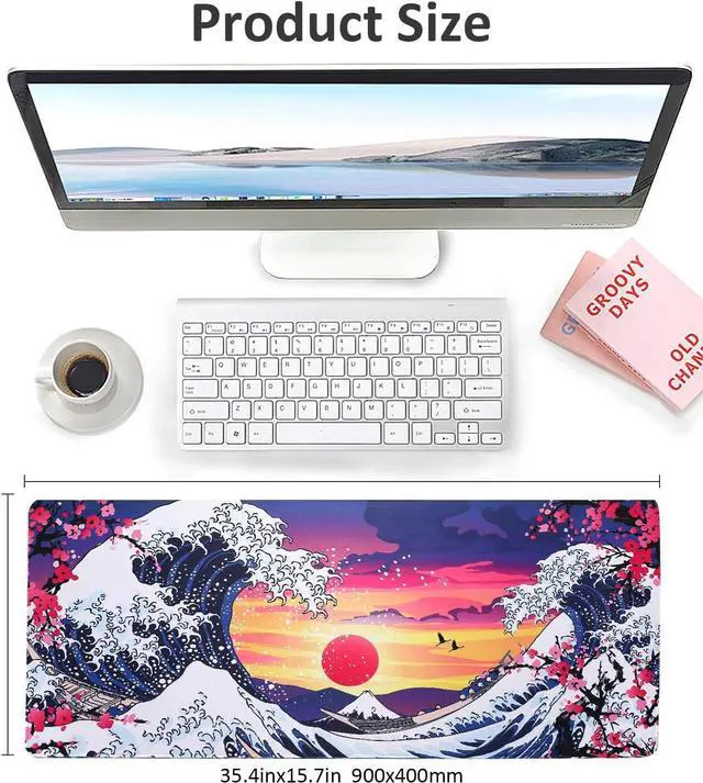 Alt view image 2 of 7 - Japanese Wave Mouse Pad - Large Anime Gaming Desk Mat Kanagawa Computer Keyboard Big Desk Pad 35.4 X 15.7 Inch XXL Office Desktop Pads Extended Non-Slip Rubber Base with Stitched Edge