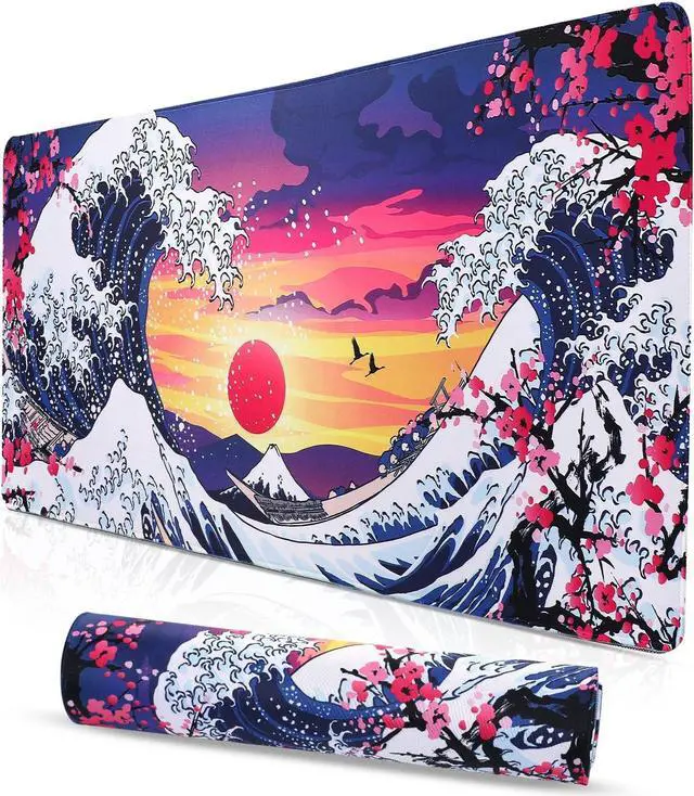 Main image of Japanese Wave Mouse Pad - Large Anime Gaming Desk Mat Kanagawa Computer Keyboard Big Desk Pad 35.4 X 15.7 Inch XXL Office Desktop Pads Extended Non-Slip Rubber Base with Stitched Edge