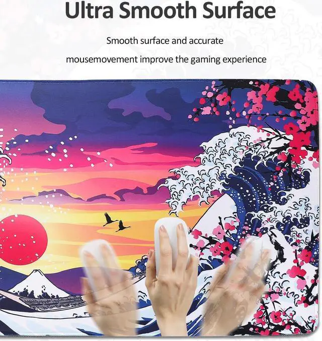Alt view image 4 of 7 - Japanese Wave Mouse Pad - Large Anime Gaming Desk Mat Kanagawa Computer Keyboard Big Desk Pad 35.4 X 15.7 Inch XXL Office Desktop Pads Extended Non-Slip Rubber Base with Stitched Edge