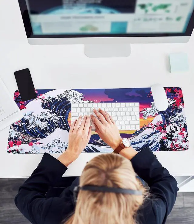 Alt view image 7 of 7 - Japanese Wave Mouse Pad - Large Anime Gaming Desk Mat Kanagawa Computer Keyboard Big Desk Pad 35.4 X 15.7 Inch XXL Office Desktop Pads Extended Non-Slip Rubber Base with Stitched Edge