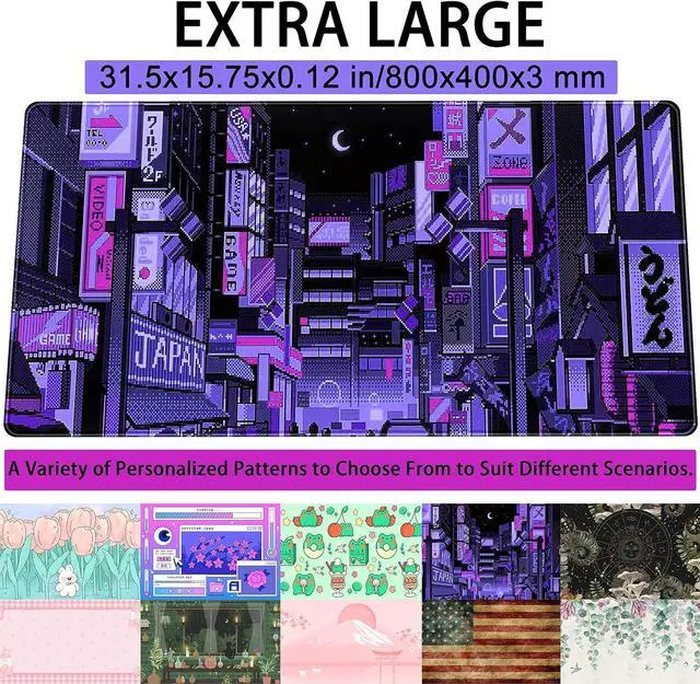 Alt view image 2 of 6 - Tokyo Street Desk Pad Purple Cute Retro Large Gaming Mouse Pad Japanese Anime Laptop Keyboard Mouse Mat XXL Aesthetic Neon Pixel Skyline/City Desk Mat Desk Decor Pads for Women 31.5x15.75
