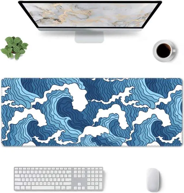 Alt view image 2 of 7 - Japanese Blue and White Wave Gaming Mouse Pad Extended Large Mouse Mat Desk Pad Stitched Edges Mousepad Long Non-Slip Rubber Base Mice Pad 31.5 X 11.8 Inch