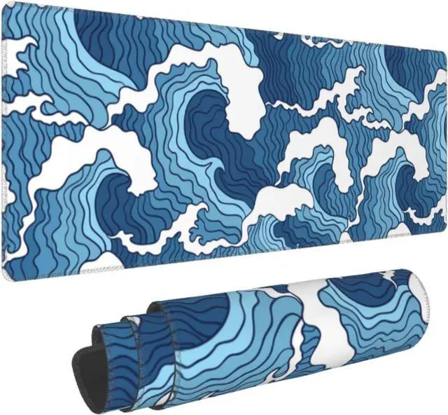Main image of Japanese Blue and White Wave Gaming Mouse Pad Extended Large Mouse Mat Desk Pad Stitched Edges Mousepad Long Non-Slip Rubber Base Mice Pad 31.5 X 11.8 Inch
