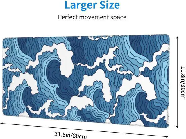 Alt view image 3 of 7 - Japanese Blue and White Wave Gaming Mouse Pad Extended Large Mouse Mat Desk Pad Stitched Edges Mousepad Long Non-Slip Rubber Base Mice Pad 31.5 X 11.8 Inch