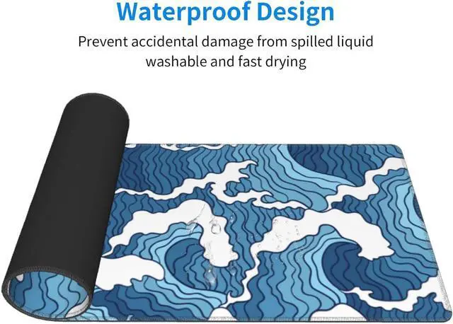 Alt view image 4 of 7 - Japanese Blue and White Wave Gaming Mouse Pad Extended Large Mouse Mat Desk Pad Stitched Edges Mousepad Long Non-Slip Rubber Base Mice Pad 31.5 X 11.8 Inch