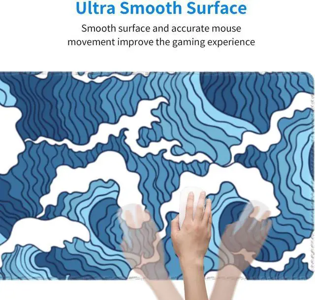 Alt view image 5 of 7 - Japanese Blue and White Wave Gaming Mouse Pad Extended Large Mouse Mat Desk Pad Stitched Edges Mousepad Long Non-Slip Rubber Base Mice Pad 31.5 X 11.8 Inch