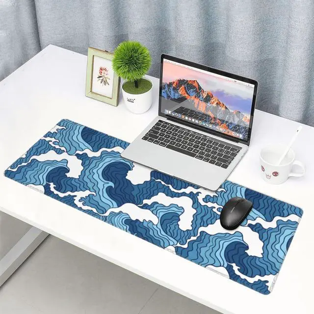 Alt view image 7 of 7 - Japanese Blue and White Wave Gaming Mouse Pad Extended Large Mouse Mat Desk Pad Stitched Edges Mousepad Long Non-Slip Rubber Base Mice Pad 31.5 X 11.8 Inch