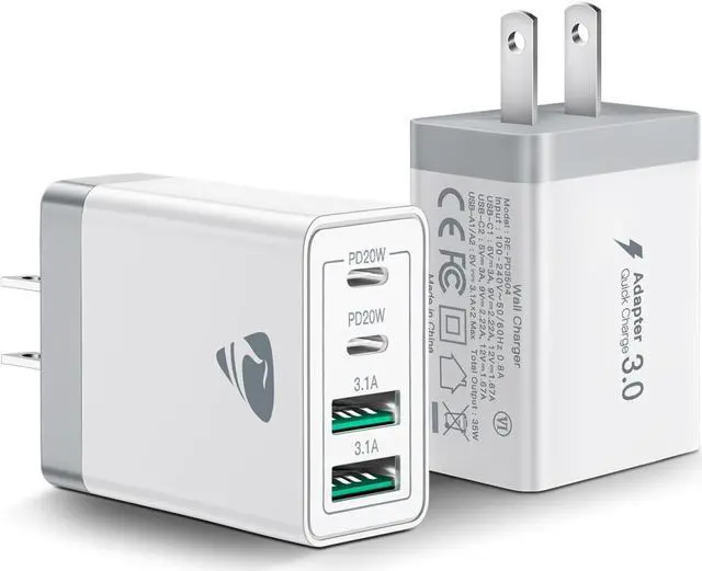 Main image of [2-Pack] USB C Wall Charger 40W Fast USB C Charger Block 4-Port PD Power Adapter + QC Wall Plug Multiport Type C Charging Block Cube Compatible with iPhone 15 14 13 12 11 Pro Max XR XS 8 7
