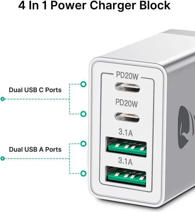 Alt view image 2 of 6 - [2-Pack] USB C Wall Charger 40W Fast USB C Charger Block 4-Port PD Power Adapter + QC Wall Plug Multiport Type C Charging Block Cube Compatible with iPhone 15 14 13 12 11 Pro Max XR XS 8 7
