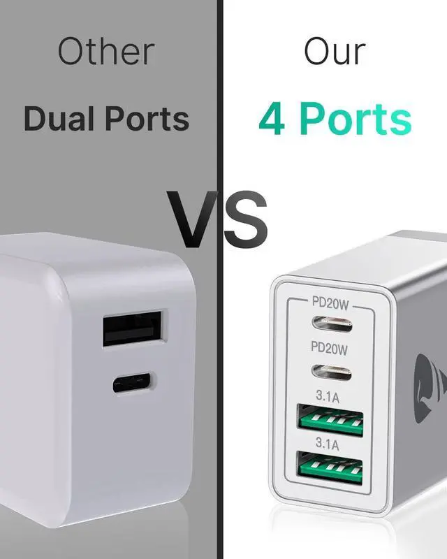 Alt view image 6 of 6 - [2-Pack] USB C Wall Charger 40W Fast USB C Charger Block 4-Port PD Power Adapter + QC Wall Plug Multiport Type C Charging Block Cube Compatible with iPhone 15 14 13 12 11 Pro Max XR XS 8 7