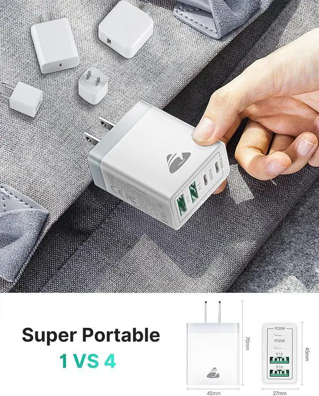 Alt view image 5 of 6 - [2-Pack] USB C Wall Charger 40W Fast USB C Charger Block 4-Port PD Power Adapter + QC Wall Plug Multiport Type C Charging Block Cube Compatible with iPhone 15 14 13 12 11 Pro Max XR XS 8 7