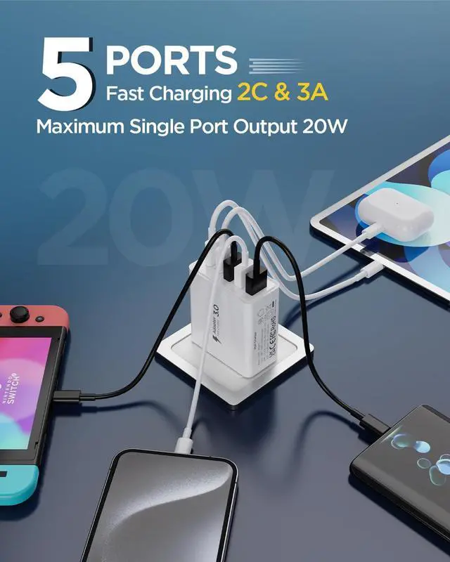 Alt view image 2 of 7 - USB C Wall Charger [2-Pack] 50W Fast USB C Charger Block 5-Port PD+QC Power Adapter Charging Box Brick for iPhone 15 14 13 12 11 Pro Max iPad Google Pixel  Galaxy and More-White