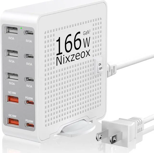 Main image of 166W GaN10-Port USB C Charging Station PD20W QC18W Fast Charging Wall Charger for iPhone 15/14/13/12/11 iPad  Pixel 5FT Extension Cord White-Silver
