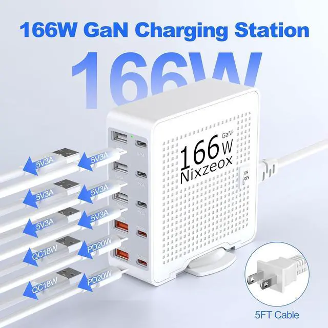 Alt view image 2 of 7 - 166W GaN10-Port USB C Charging Station PD20W QC18W Fast Charging Wall Charger for iPhone 15/14/13/12/11 iPad  Pixel 5FT Extension Cord White-Silver
