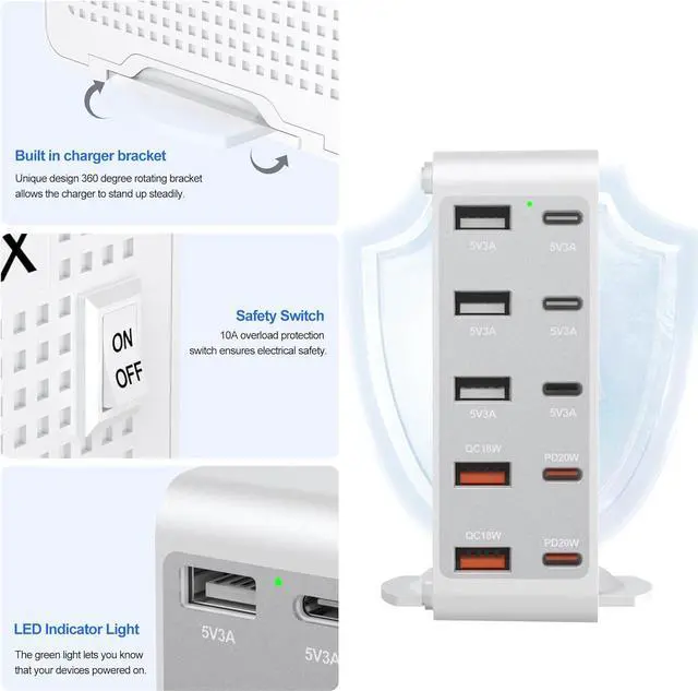 Alt view image 3 of 7 - 166W GaN10-Port USB C Charging Station PD20W QC18W Fast Charging Wall Charger for iPhone 15/14/13/12/11 iPad  Pixel 5FT Extension Cord White-Silver