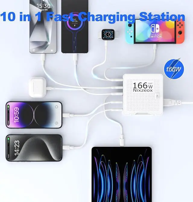 Alt view image 6 of 7 - 166W GaN10-Port USB C Charging Station PD20W QC18W Fast Charging Wall Charger for iPhone 15/14/13/12/11 iPad  Pixel 5FT Extension Cord White-Silver