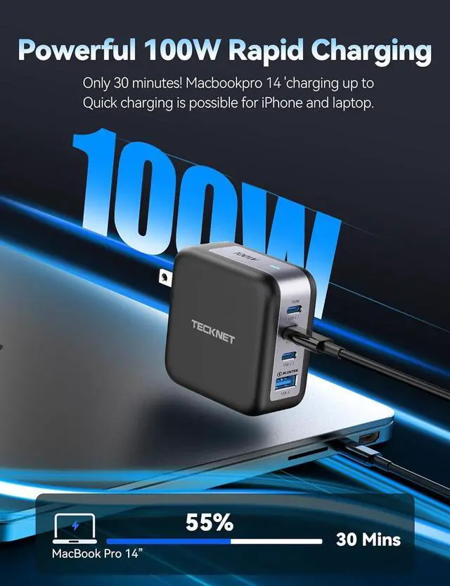 Alt view image 2 of 7 - TECKNET 100W USB C Charger, 4-Port PD 3.0 GaN Fast Wall Charger Block, Foldable Power Adapter, with Type C Cable for iPhone 16/15/14/13 Pro, MacBook Pro, iPad, AirPods, Dell XPS, Pixel, Samsung,Switch