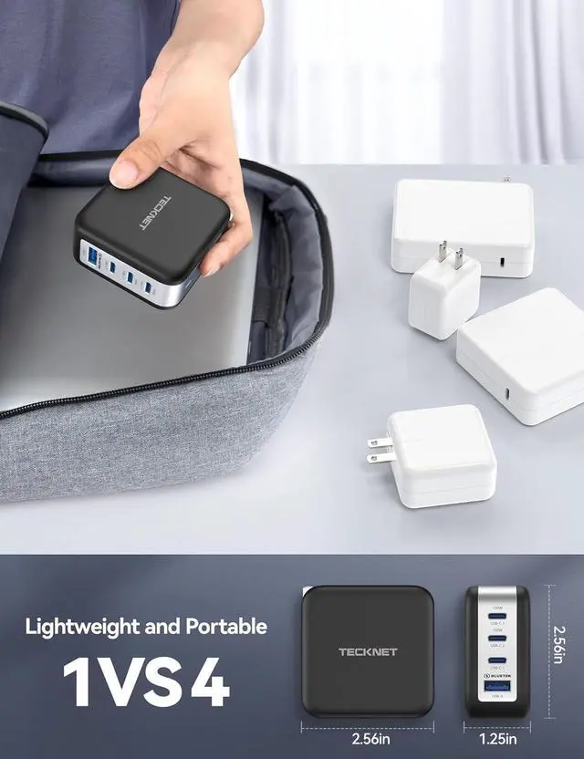 Alt view image 4 of 7 - TECKNET 100W USB C Charger, 4-Port PD 3.0 GaN Fast Wall Charger Block, Foldable Power Adapter, with Type C Cable for iPhone 16/15/14/13 Pro, MacBook Pro, iPad, AirPods, Dell XPS, Pixel, Samsung,Switch