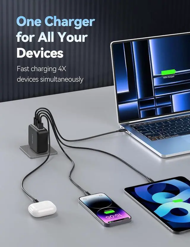 Alt view image 3 of 7 - TECKNET 100W USB C Charger, 4-Port PD 3.0 GaN Fast Wall Charger Block, Foldable Power Adapter, with Type C Cable for iPhone 16/15/14/13 Pro, MacBook Pro, iPad, AirPods, Dell XPS, Pixel, Samsung,Switch